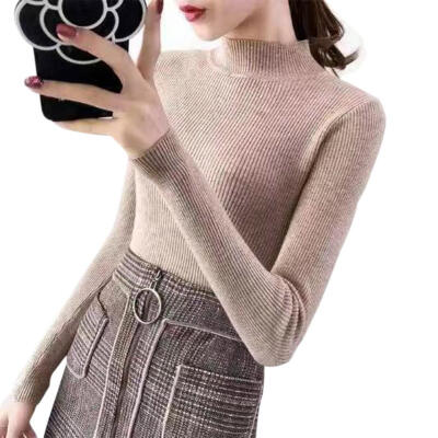 

Autumn Women Knitted Base Shirt Half High Collar Slim Solid Color Bottoming