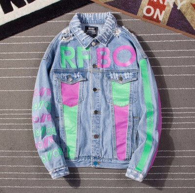 

loose print hole retro cowboy jacket 2018 new autumn fun student