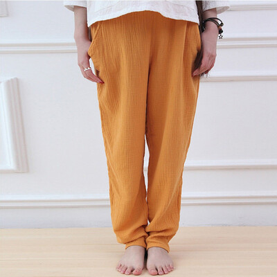 

Tailored Women Casual Elastic Waist Cotton Linen Trouser Breathable Pockets Harem Pants
