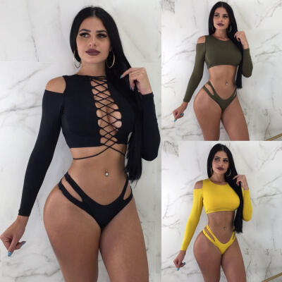 

US Women Long Sleeve Swimwear Push-up Bikini Set Swimsuit Bathing Suit Beachwear