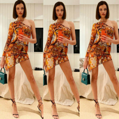 

Womens Boho Floral Bodycon One Shoulder Evening Party Cocktail Sexy Mini Dress