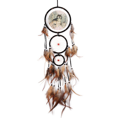 

Oil Painting Wolf Dream Catcher Feather Bead Hanging Home Car Decor