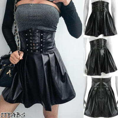 

Womens Skirts Winter Bandage Leather Skirts Fashion Tight Mini Pleated Skirts