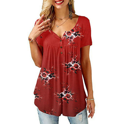 

Womens Summer Floral V Neck Blouses Loose Baggy Tops Tunic T Shirts Plus Size