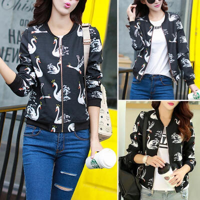 

Fashion Women Retro Floral Zipper Up Bomber Jacket Casual Coat Suit Outwear Spring Autumn