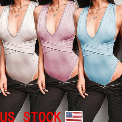 

US Women V Neck Bandage Bodysuit Sleeveless Romper Lingerie Jumpsuit Leotard Top