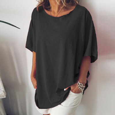 

Women Short Sleeve Loose Button Holiday Blouse Solid Color Round Neck T-Shirt