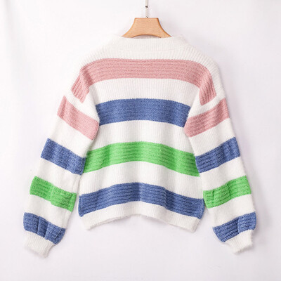 

Women Color Striped Drop Sleeve Over-sized Crew neck Sweaters Knitted Pullover Jumper Tops