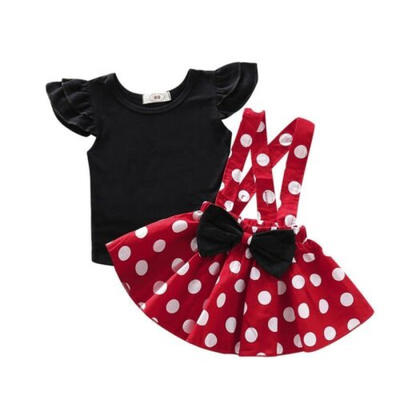 

US Baby Girl 2PCS Outfit Shirt Top Polka Dot Suspender Skirts Sunsuit Clothes
