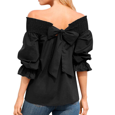 

Nomeni Women Off Shoulder Bardot T-shirts Top Puff Sleeve Bow Bandage Blouse BKL