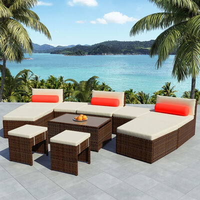 

10 Piece Garden Lounge Set with Cushions Poly Rattan Brown