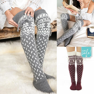 

Women Cable Knit Long Stripe Socks Over Knee Thigh High School Girl Stocking