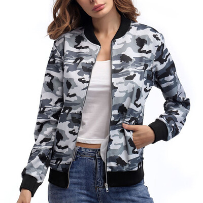 

Womens Casual Modern Jackets Camouflage Print Zipper Coats Outwear Camo Tops