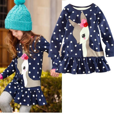 

Deer Polka Dots Girl Dress Children Kids Clothing Long Sleeve Top T-Shirt 1-7Y