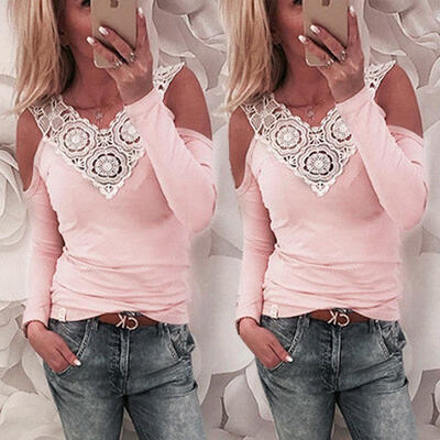 

New Fashion Women Sexy Lace Solid Cold Shoulder Long Sleeve Slim Blouse Top T Shirt