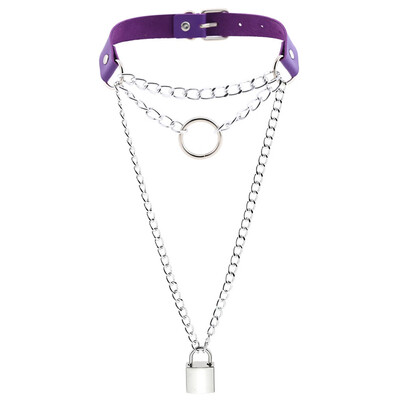 

New Fashion PU Leather Ring Punk Chain Lock Pendant Clavicle Chain Jewelry