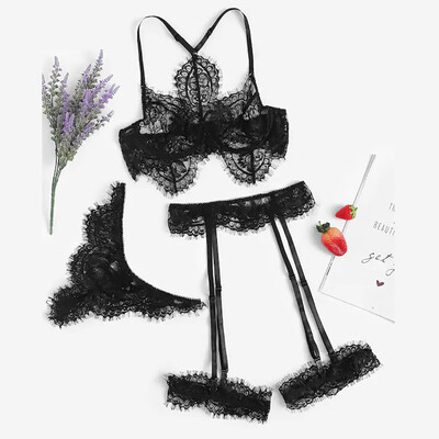 

〖Follure〗Sexy Exquisite Lace Lingerie BraGarterBriefs Set Babydoll Cut-Out Sleepwear