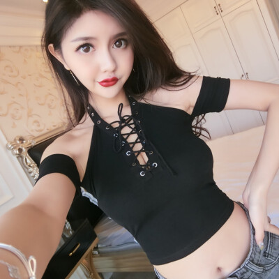 

Womens T Shirt Summer Sexy Off Shoulder Tee Tops Fashion Halter Solid Color Short Sleeve Lace Up Sexy Pullover T-Shirt