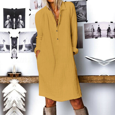 

Tailored Women Casual Plus Size Cotton Linen Button Turn down collar Long Sleeve Dress