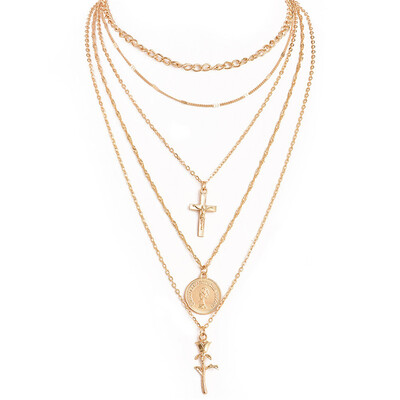 

Boho Gold Rose Flower Cross Jesus Coin Layered Choker Necklace for Women Vintage Pendants Rosary Necklaces Chain Collar Jewelry