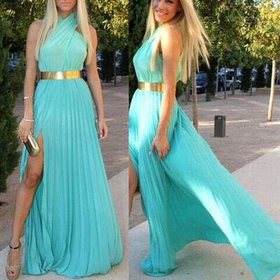 

Celebrity Style Cross Neck Halter Pleated Chiffon Maxi Summer Beach Dress