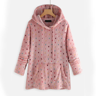 

Womens Fashion Polar Fleece Polka Dot Pocket Sweater Tops Hooded Long Sleeve