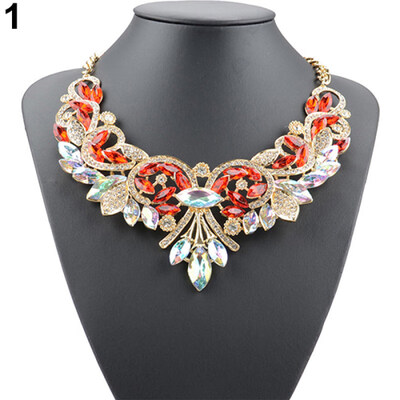 

Colorful Rhinestone Flower Pendent Chain Choker Statement Collar Bib Necklace