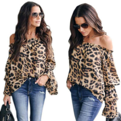 

Womens Off Shoulder Leopard print Tops Ladies Puff Sleeve Loose Blouse Sexy