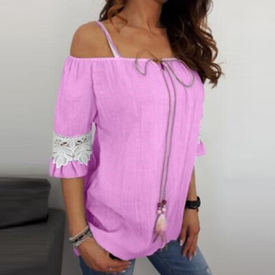 

Starmoon Women Off Shoulder Lace Pure Color Plus Size Short Sleeve Blouse Easy Top Shirt