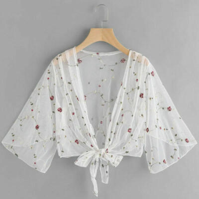 

Women Blouses Flower Print Mesh See Through Ladies Sunscreen Outwear Cover Ups