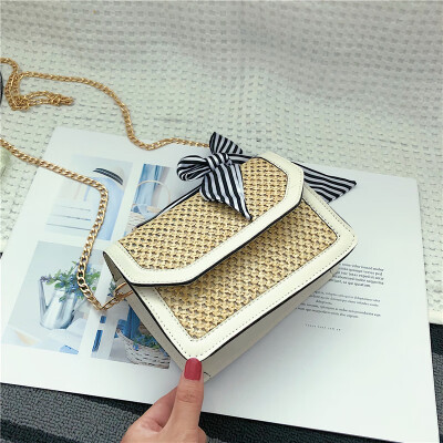 

2019 new simple contrast color woven bag fashion wild bow shoulder bag female Sen chain messenger bag
