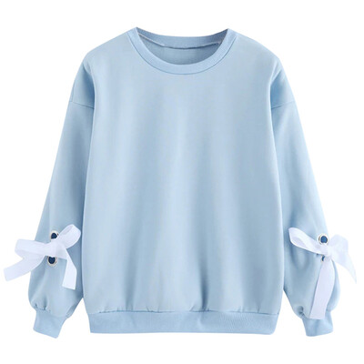 

Toponeto Womens Casual Round Neck Solid Color Lace Bow Long Sleeve Pullover Sweatshirt