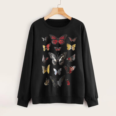 

Tailored Women Autumn O Neck Drop Shoulder Butterfly Print Sweatshirt Casual Blouse Tops