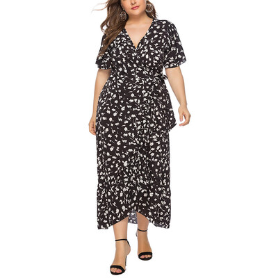 

Plus Size Dress Fashion Sexy Floral Print Knot Split Short Sleeve V Neck