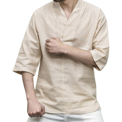 

Tailored Men Linen Patchwork Seven-Minute Sleeve Solid Color Loose V neck Blouse T Shirt