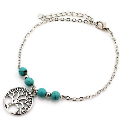 

European&American foreign trade jewelry Chao Fan simple metal life tree turquoise beaded womens anklet