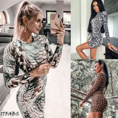 

Hot Ladies Fall Leopard Casual Dress Long Sleeve Skinny Dress Party Party Dress