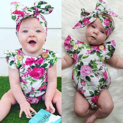 

Infant Baby Girl Floral Romper Jumpsuit Bodysuit Headband Outfits Sunsuit Set
