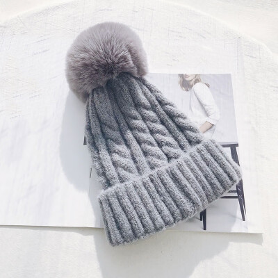 

Hat Female Winter Fur Ball Wool Hat Twist Knit Hat Simple Wool Blend Knit Hat