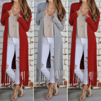 

Womens Solid Long Sleeve Cardigan Fringe Open Front Wrap Boho Coat Blouse Tops