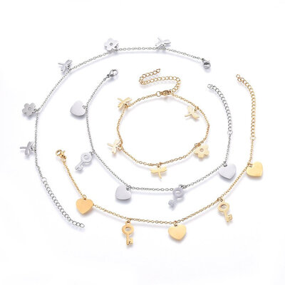 

304 Stainless Steel Charms Anklets with Lobster Claw Clasps Golden & Stainless Steel Color 7-78"20cm 2mm