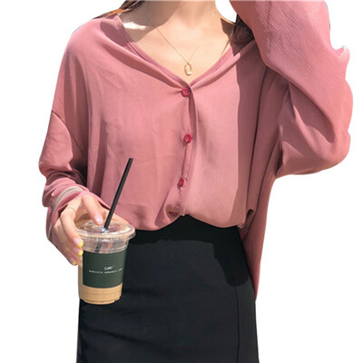 

Fashion Korean Womens Casual V Neck Button Up Long Sleeve Solid Blouse Casual womens shirt blusas harajuku