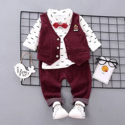 

Autumn Baby Boy Long Sleeve Floral Print T-shirt Striped Vest Trousers Casual Outfits