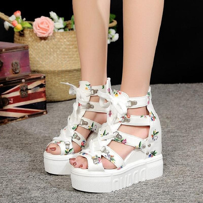 

2019 summer new style Roman sandals high-heeled color cross straps womens shoes 12cm super high-heeled wedge fish mouth black 39