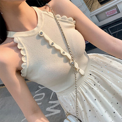 

Womens Sleeveless Sexy Halter Camisole Top Vest Buttons Ruffled Tank Top