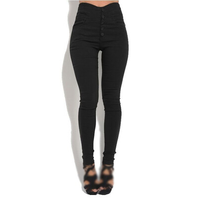 

Ladies Slim Fit High Waist Bottoms Buttons Solid Trousers Casual Office Pants