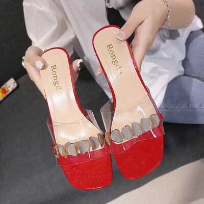 

Slippers women wear wet water 2019 summer new square crystal fine with lazy Joker with a cool word