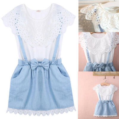 

2pcs Newborn Baby Girl Ruffles Tops T-shirt Denim Strap Dress Outfit Clothes Set