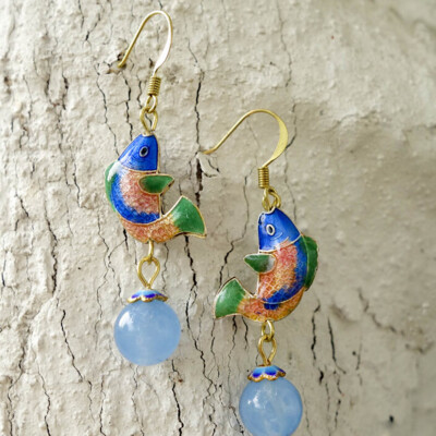 

Exotic Beautiful Blue Fishes Earrings Chinese Cloisonne Carps Hanging Light Blue Chalcedony Beads Ethnic Jewelry