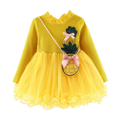 

Girls Baby Long Sleeve Cotton Splicing Gauze Cute Princess Dress with Bag